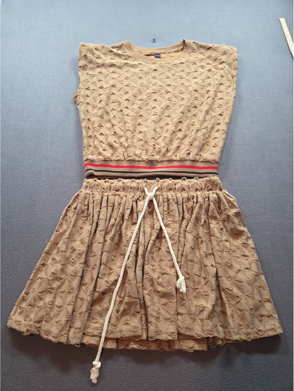 women's tan 2pc set w/flared mini skirt & sleeveless top by Micas size M